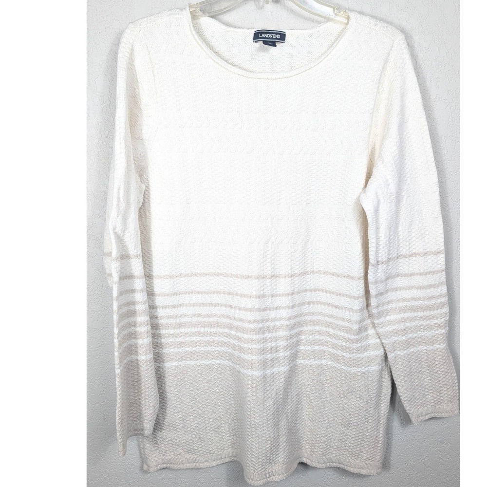 Lands' End Textured Knit Sweater Ivory Beige Striped Side Slit L 14-16 Coastal